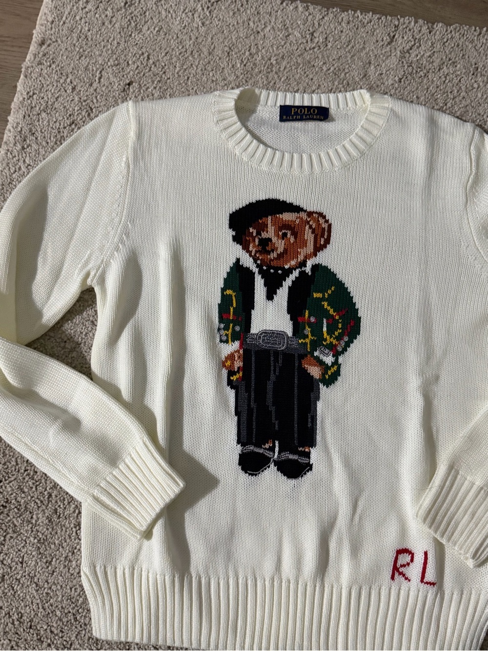 Polo by Ralph Lauren Cream Crewneck Sweater with Multicolor Bear Motif